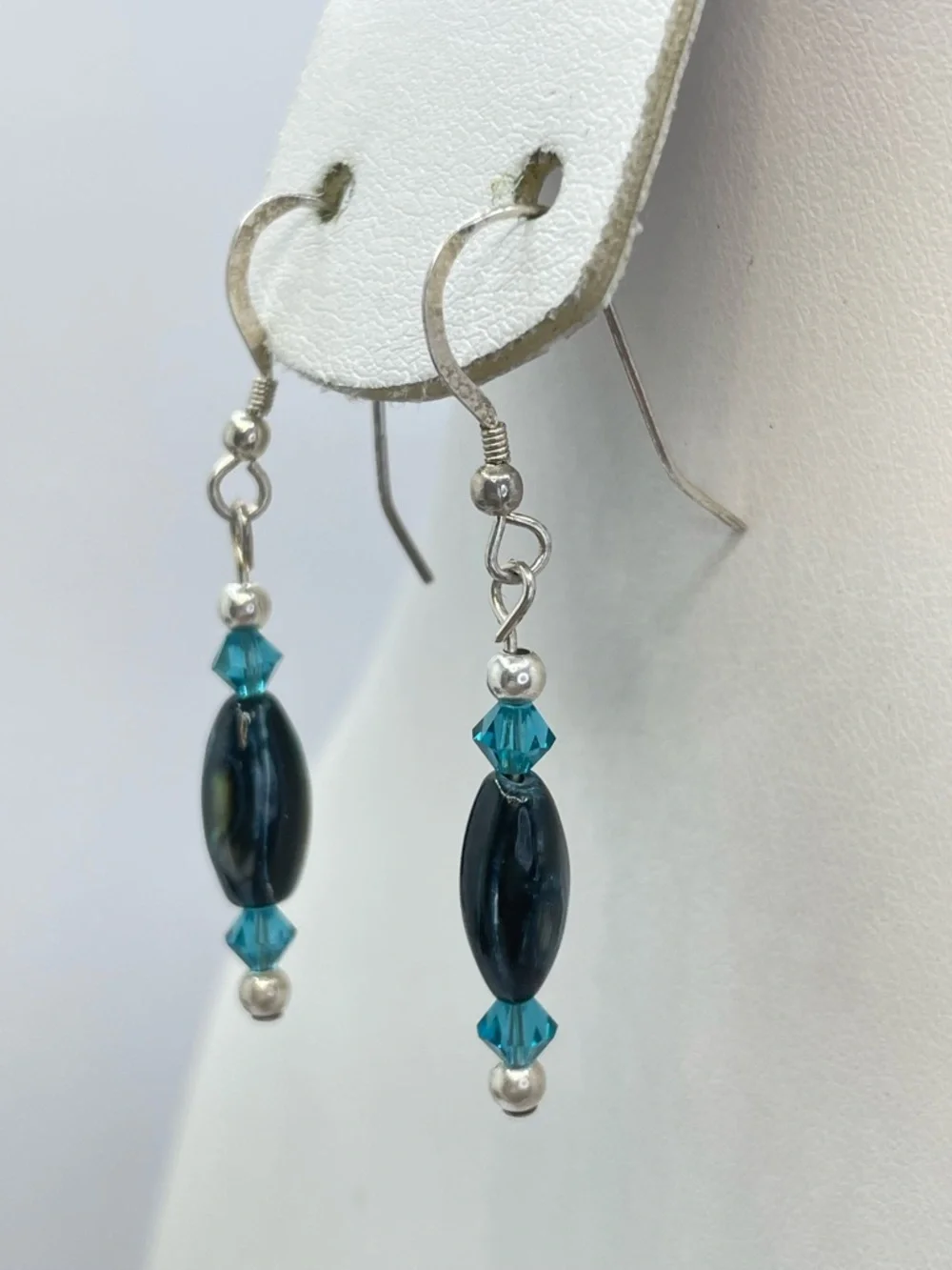 925 Sterling Silver Abalone Shell Teal Crystal Dangle Earrings Elegant